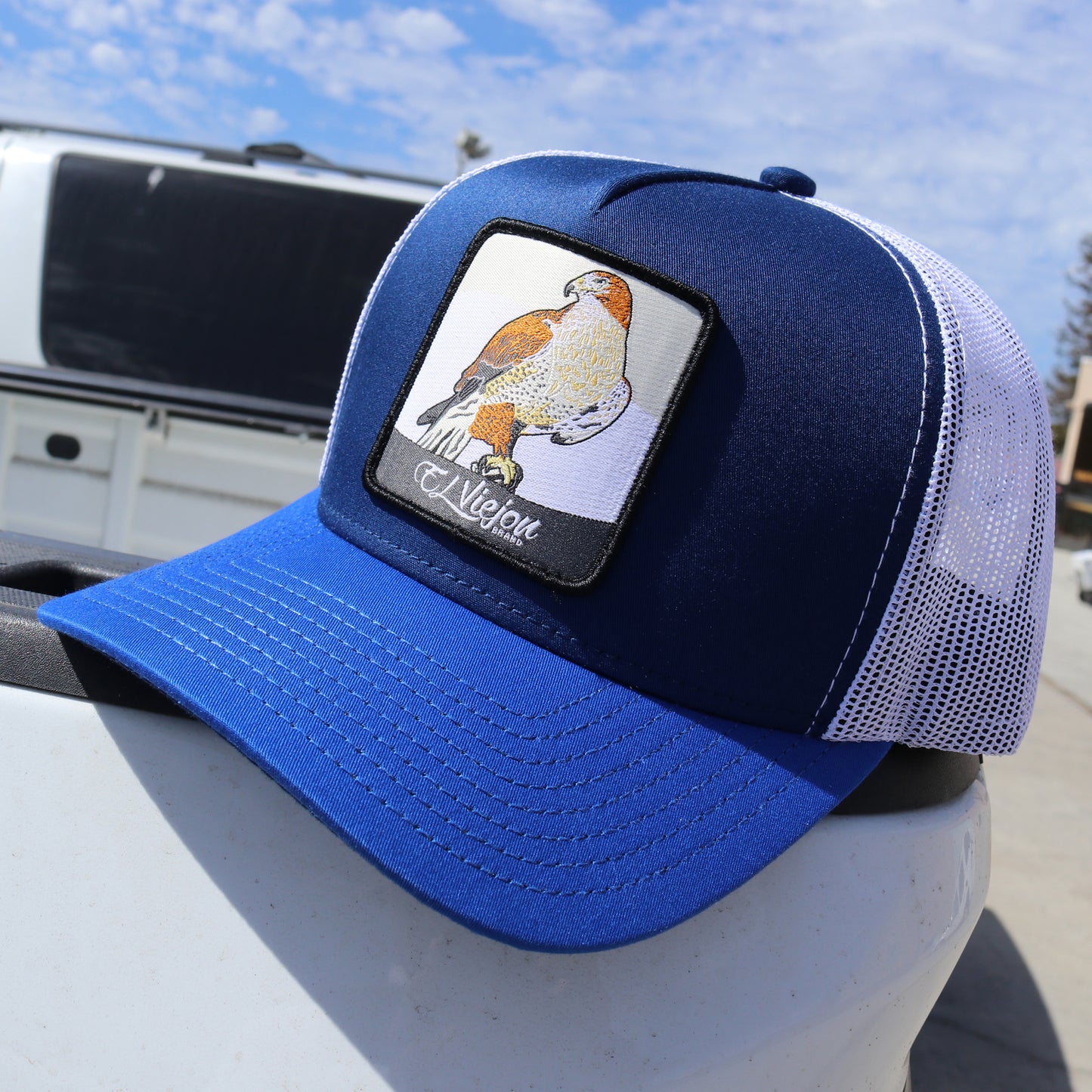 Halcon Blue/Navy/White AVC hat with a hawk patch, high profile, pre-curved visor, and white mesh back.