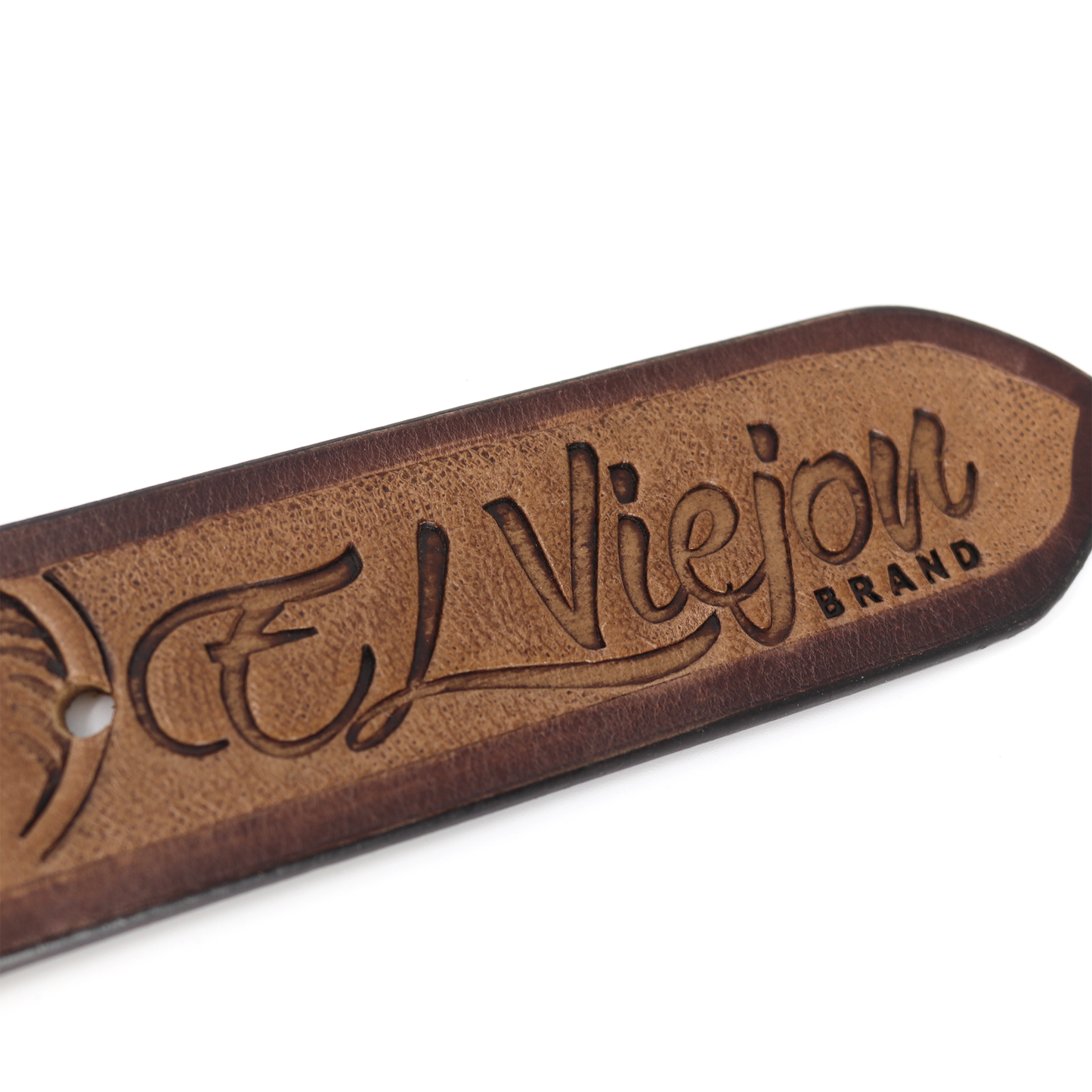 Cinto de piel Tejas marrón con logo El Viejon Brand grabado, 1.5" de ancho.
