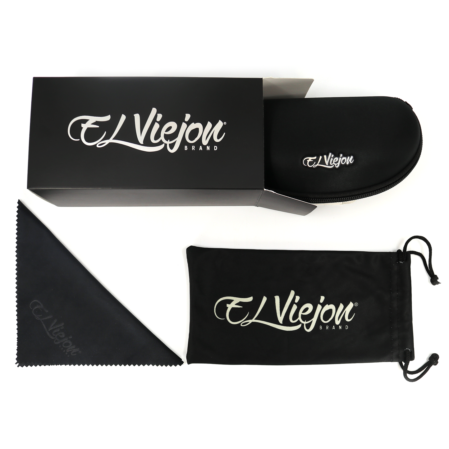 Black El Viejon Brand sunglasses case, cloth pouch, and cleaning cloth on a white background.