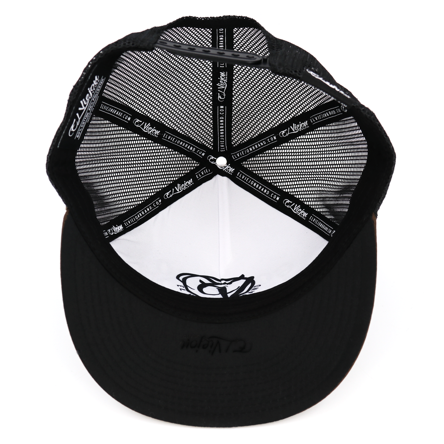 Inside view of a black mesh flat visor hat with white front panel and black adjustable snapback.