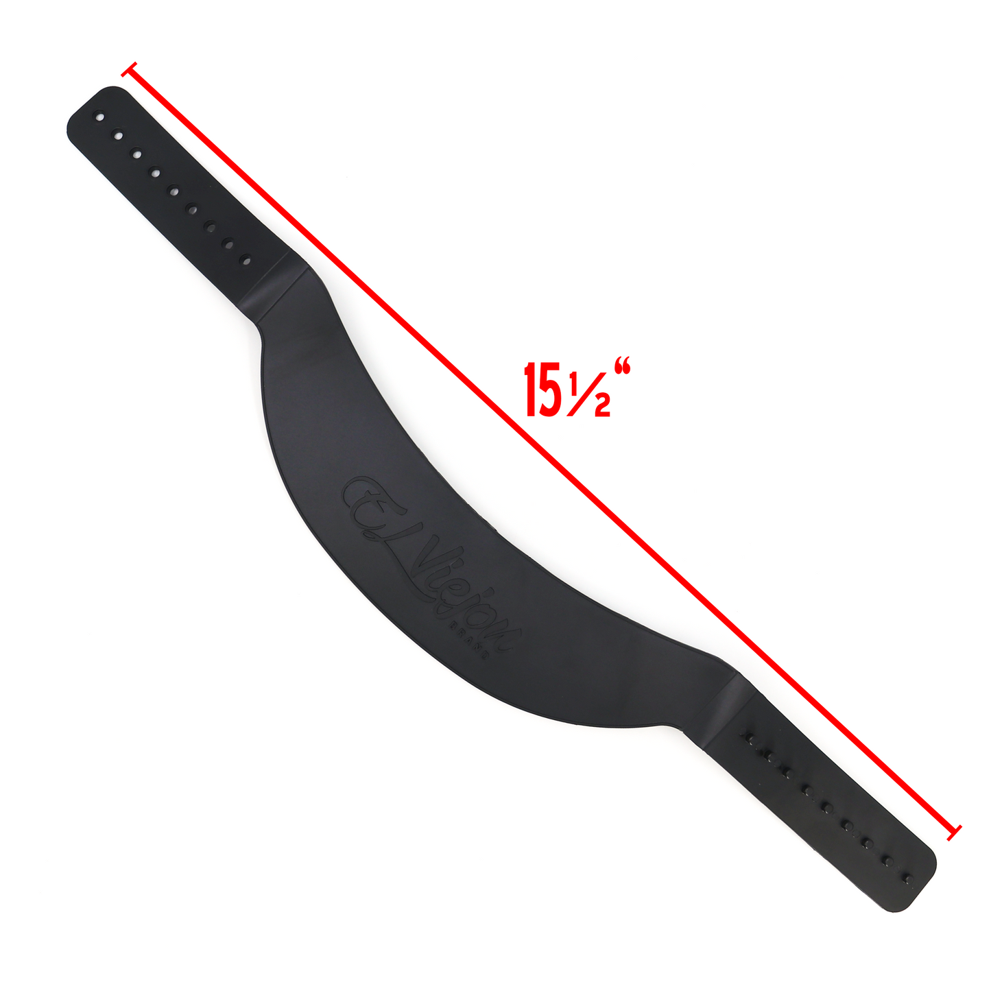 Black flexible plastic hat visor bender, 15.5 inches long, with 9 adjustment holes and "El Viejo Brand" logo.