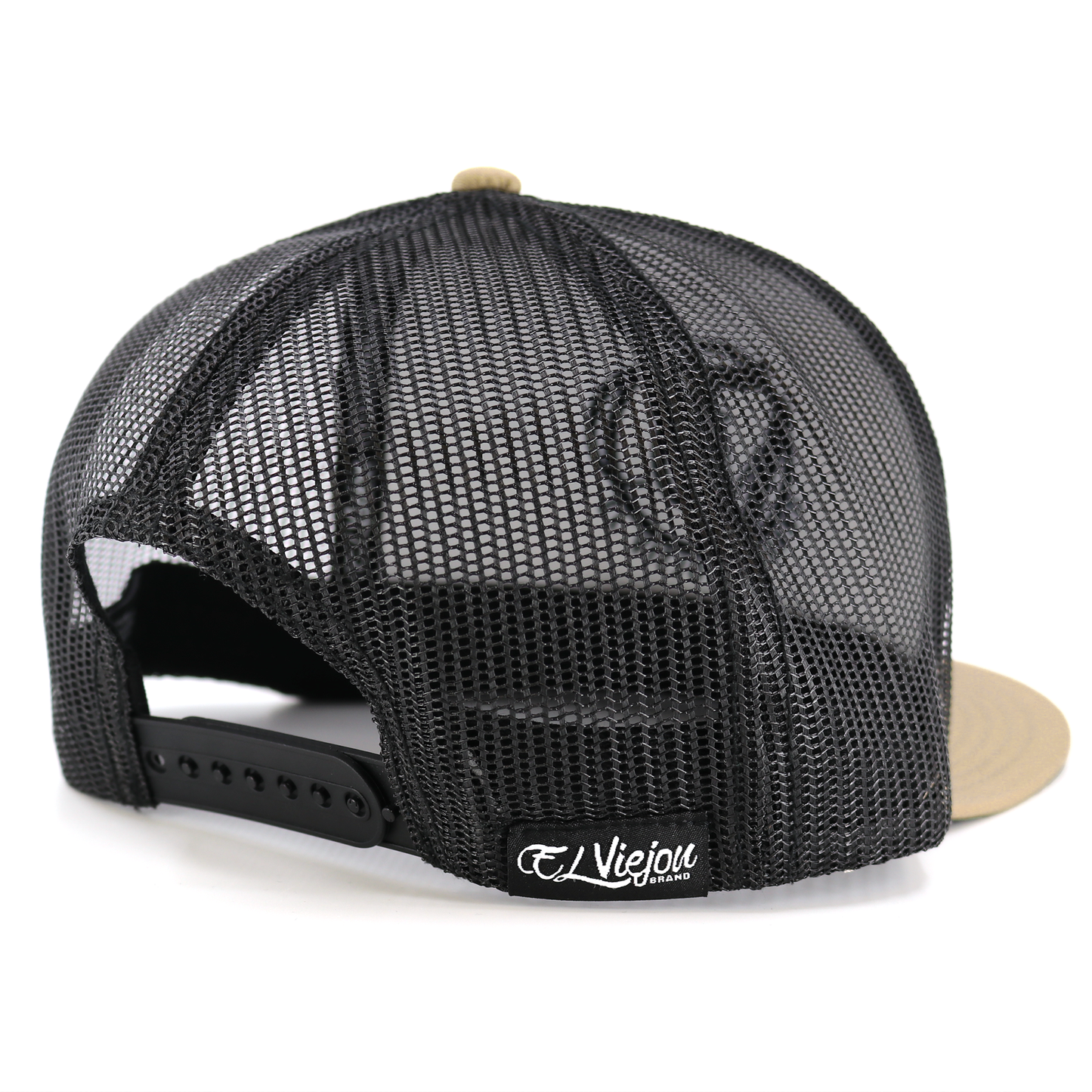 Poblador Khaki/Black flat visor hat with black mesh back and adjustable snapback.