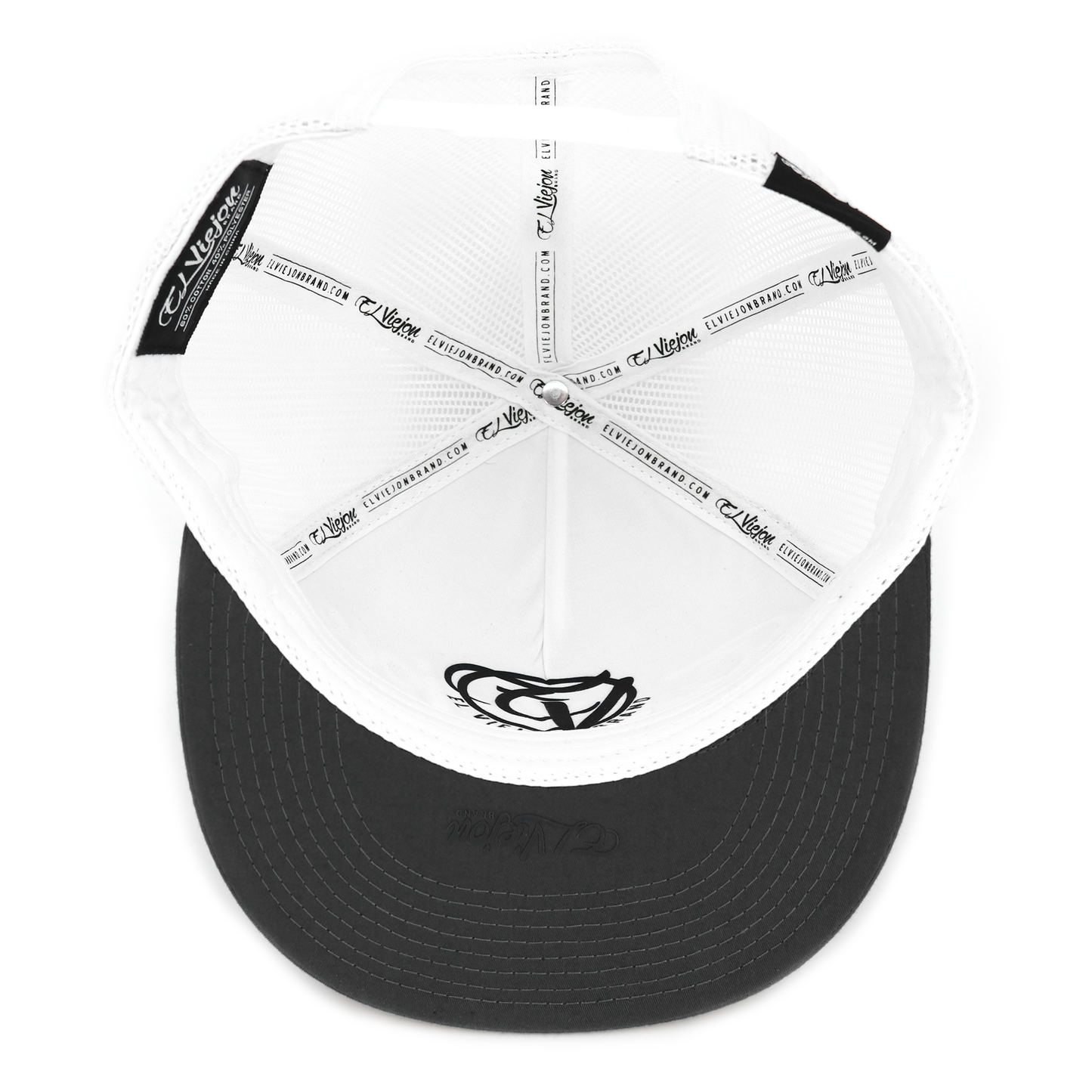 Yucca Charcoal/White flat visor hat with white mesh, high profile, and adjustable snapback.