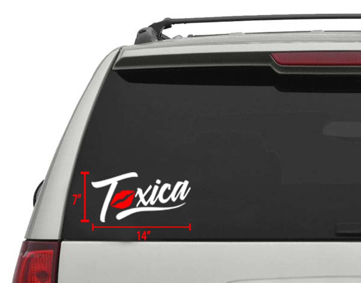 White "Toxica" die-cut sticker with red lips, 14"x7", on a car window.