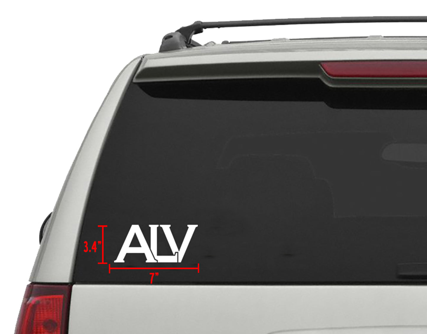 White die-cut ALV sticker, 7"x3", applied to a car's rear window, showing size dimensions.
