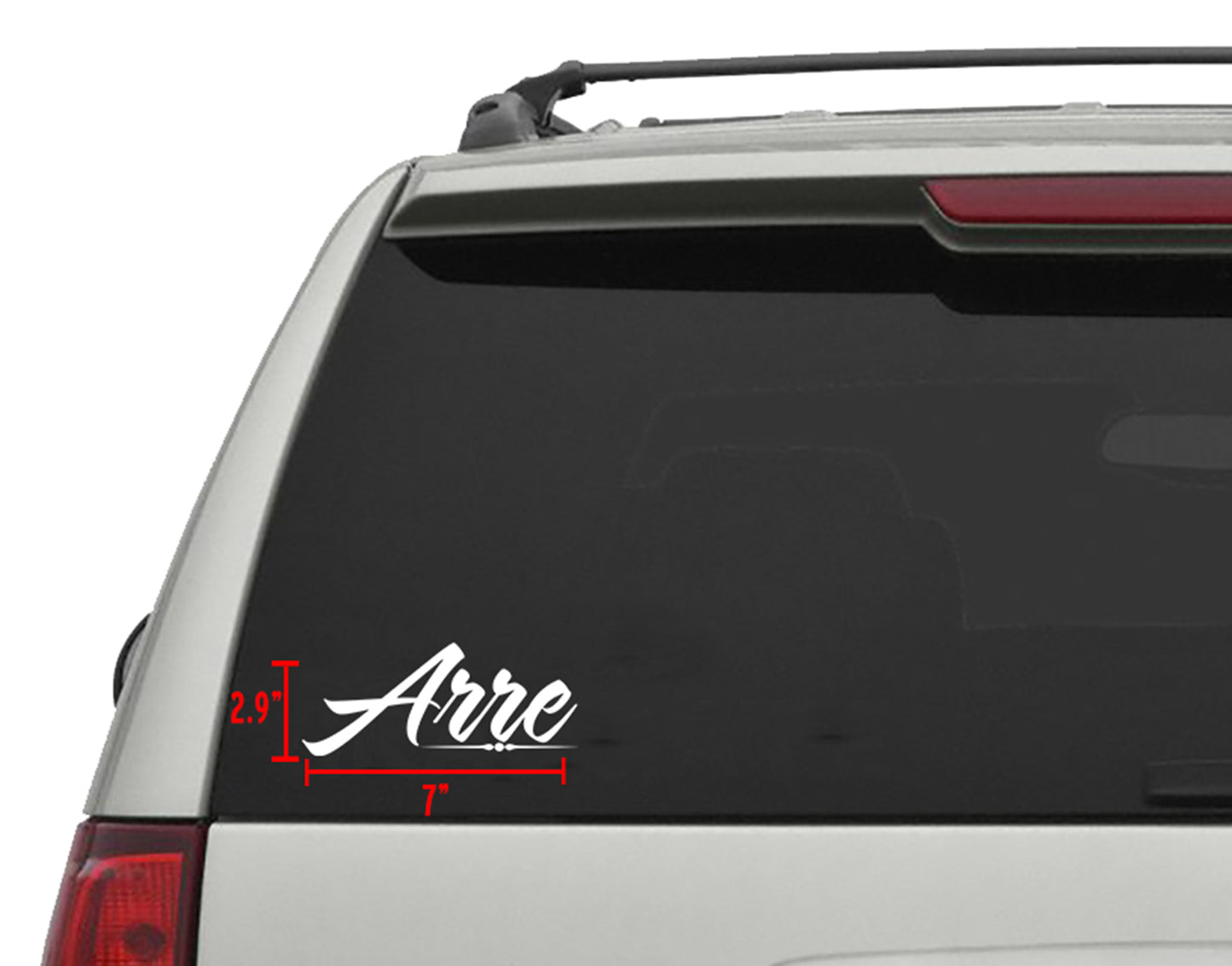 White "Arre" die-cut decal, 7"x 2.9", applied to a vehicle's rear window.