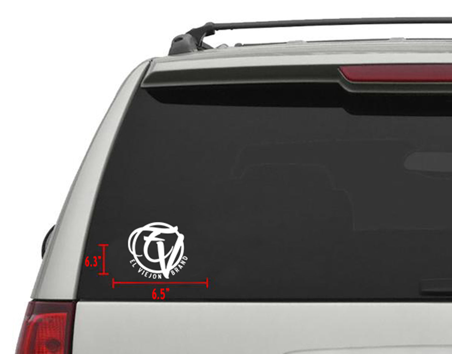 White "EL VIEJON BRAND" die-cut EV sticker, 6.5" x 6.3", on a car's rear window.