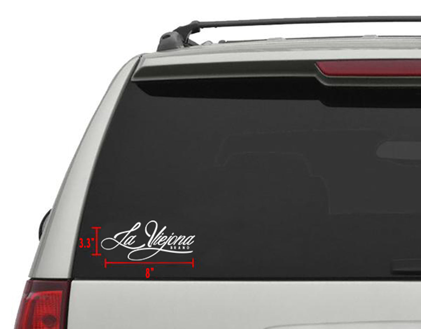 White "La Viejona Brand" die-cut vinyl decal, 8" x 3.3", applied to a car's rear window.