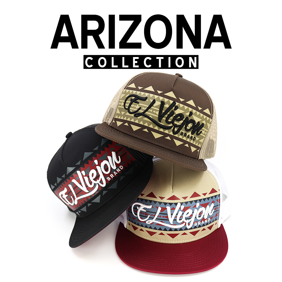 Three "El Viejon Brand" trucker hats in brown, black, and tan, featuring a Southwestern geometric pattern.