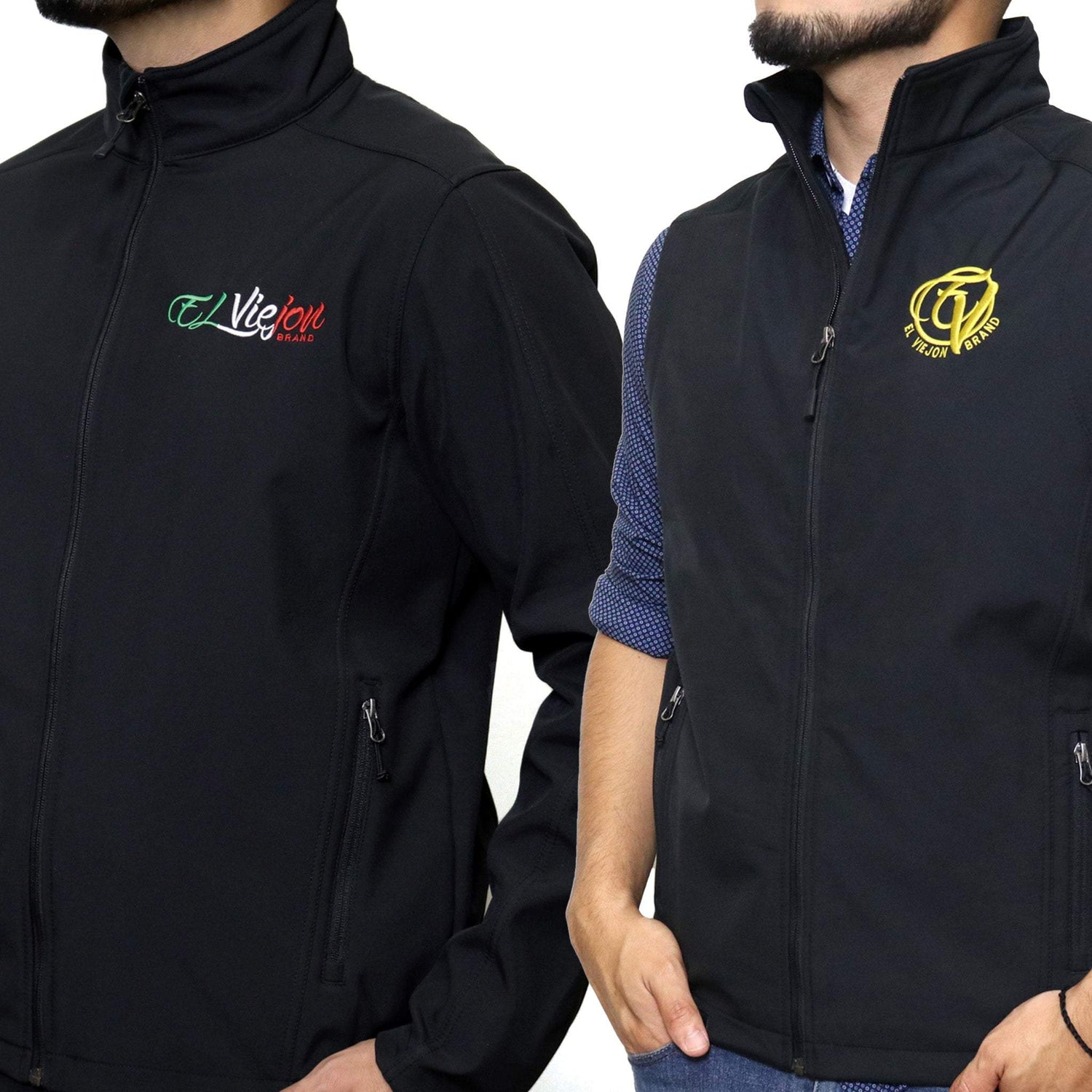 Men's black softshell jacket with "El Viejon Brand" logo and matching vest over a red plaid shirt.