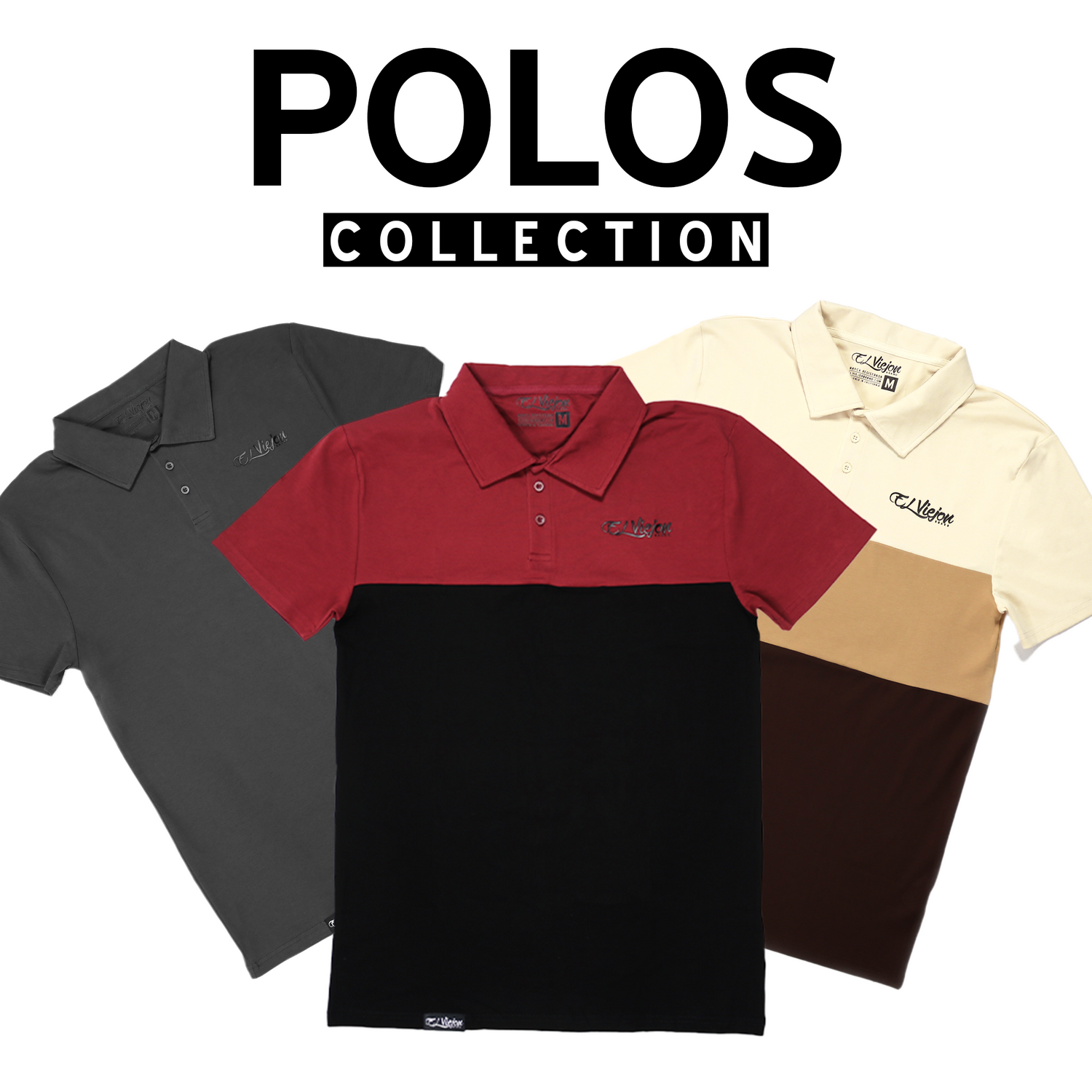 El Viejon Brand men's polo shirts in tan, navy, red, and black with embroidered logos.