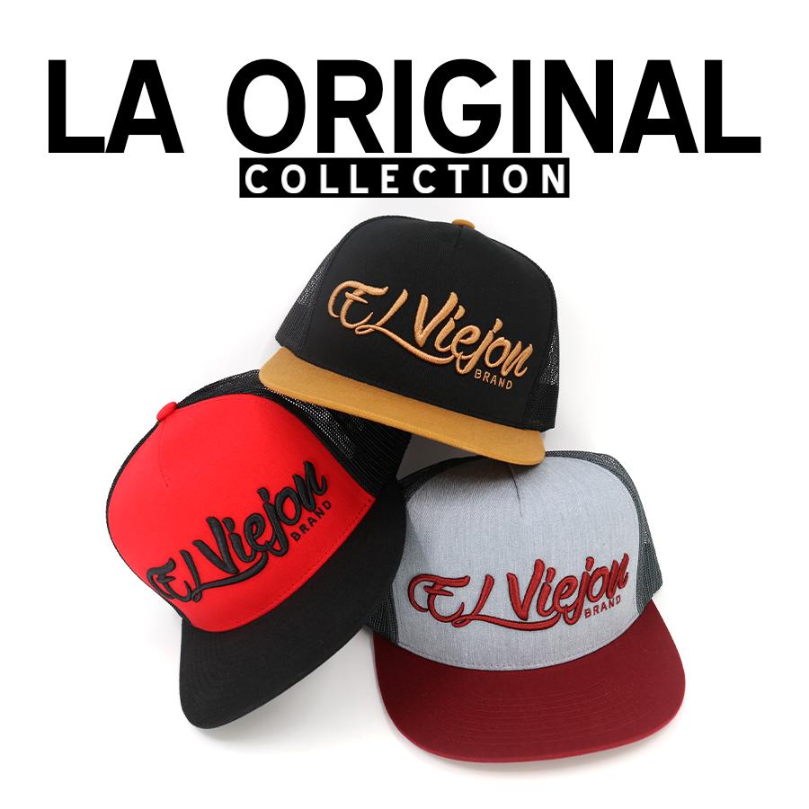 Three "El Viejon Brand" trucker hats: black/gold, red/black, and grey/maroon.