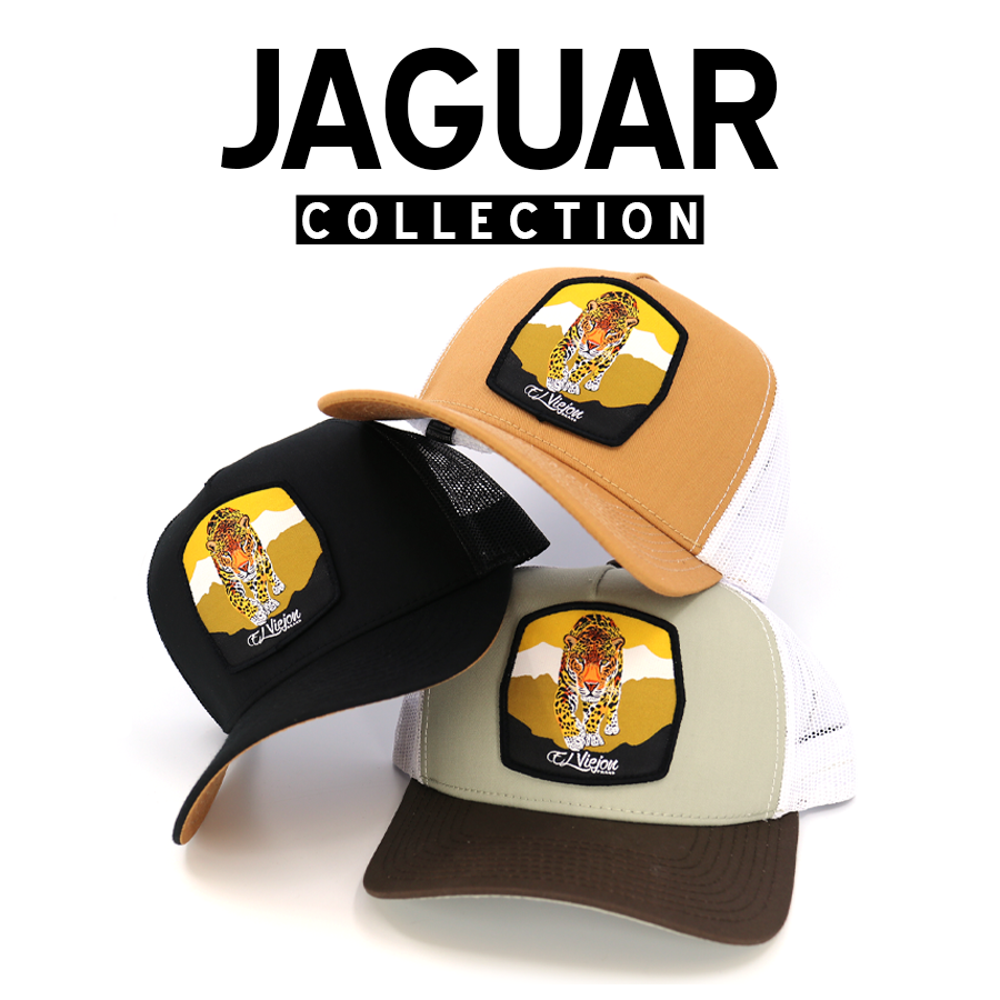 Three trucker hats in black, tan, and olive, each featuring a vibrant jaguar patch.