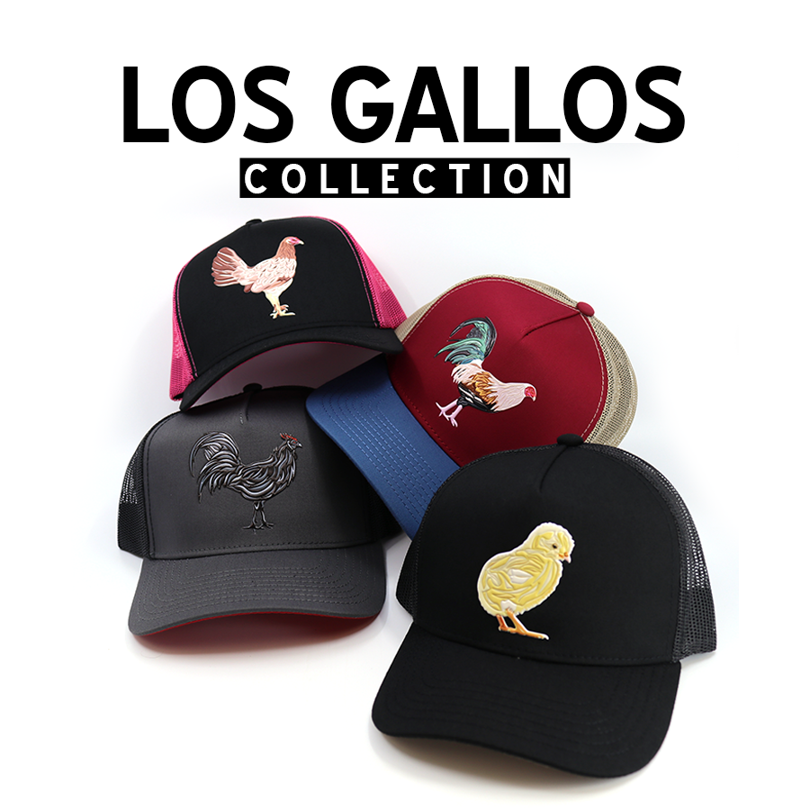 Assortment of trucker hats with embroidered rooster and chick designs in various colors.