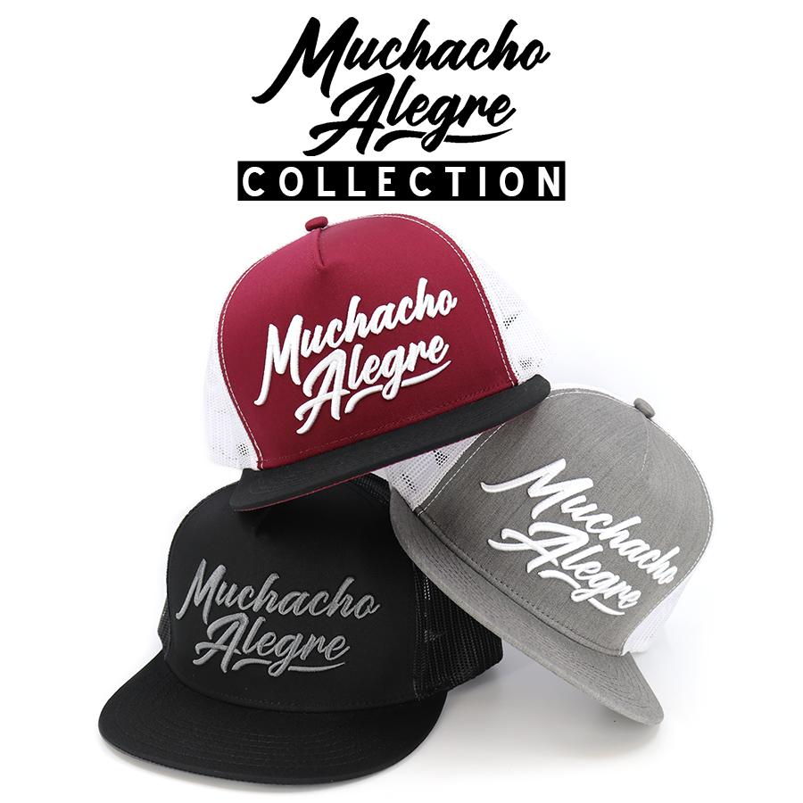 Muchacho Alegre Collection: Three stylish snapback hats in maroon, black, and gray with white mesh backs.