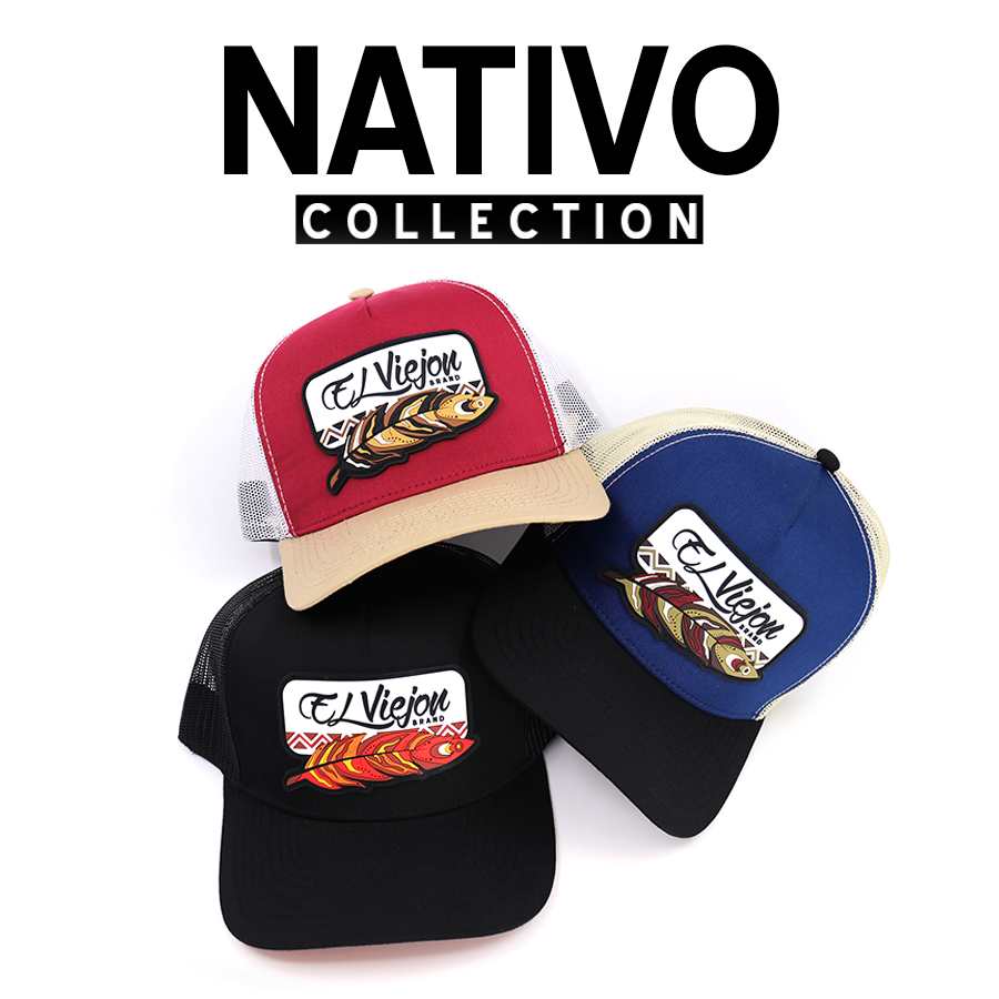 Nativo Collection trucker hats in red, blue, and black with feather logo patches.