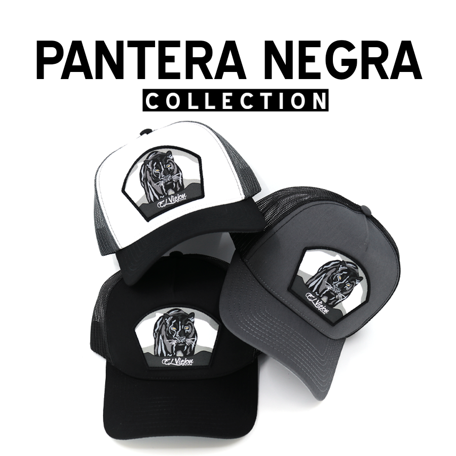 Pantera Negra Collection: Black, white, and gray trucker hats with a fierce black panther patch.