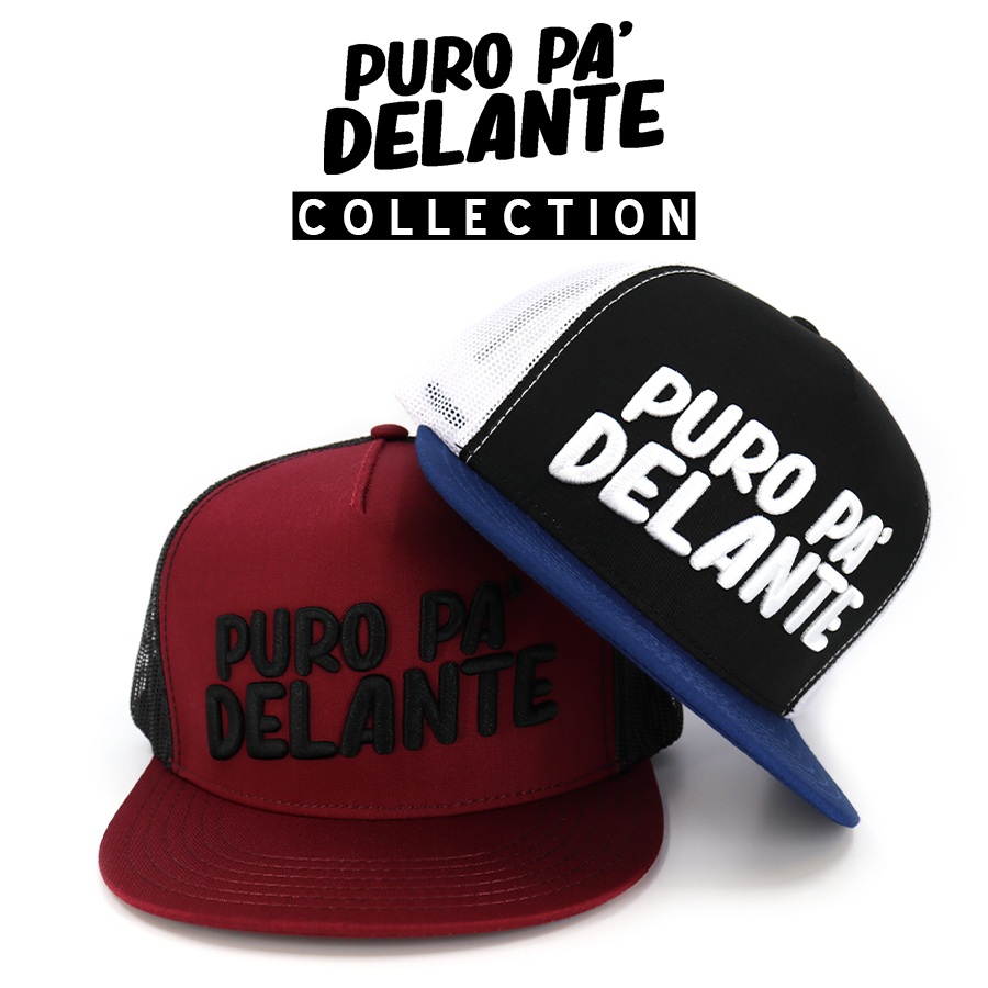 Two "Puro Pa' Delante" trucker hats: one maroon with black text, one black with white text and blue brim.