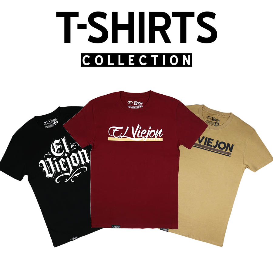 Three El Viejon t-shirts: black with white script, maroon with white logo, and tan with black text.