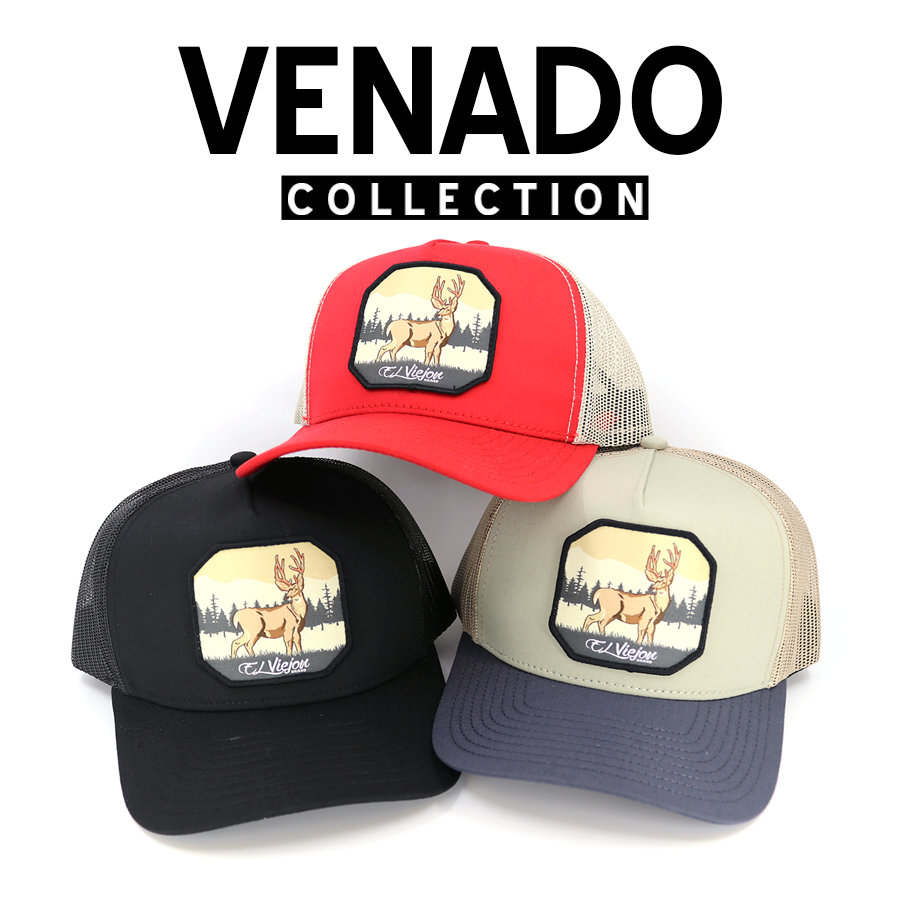 Venado Collection: Three trucker hats in red, black, and tan, each with a deer patch.