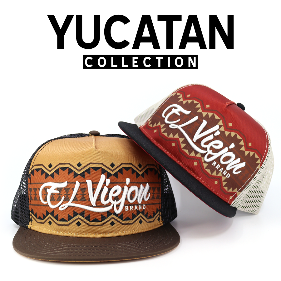 Two "El Viejon Brand" trucker hats with vibrant Mayan-inspired patterns in earthy tones and red.