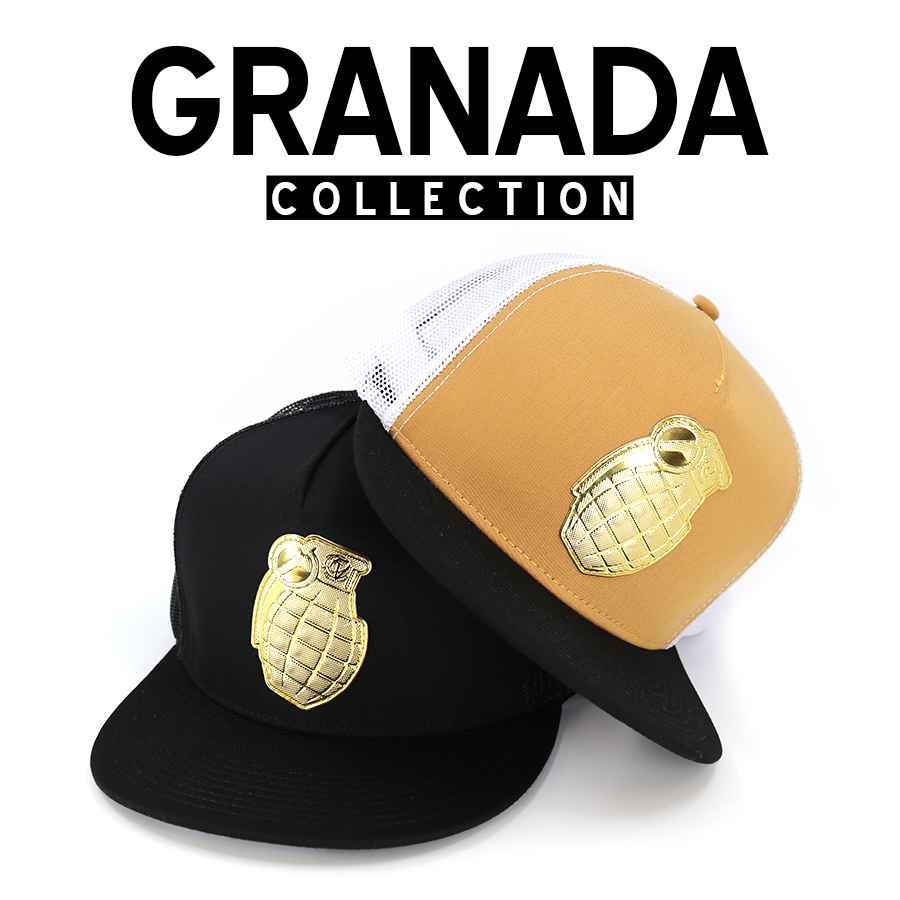 Two Granada Collection trucker hats: black with gold grenade emblem and tan with white mesh and gold grenade.