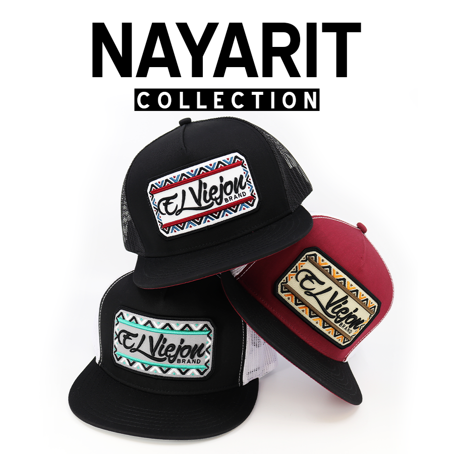 Nayarit Collection: Three trucker hats with "El Viejon Brand" patches featuring vibrant Aztec-inspired patterns.