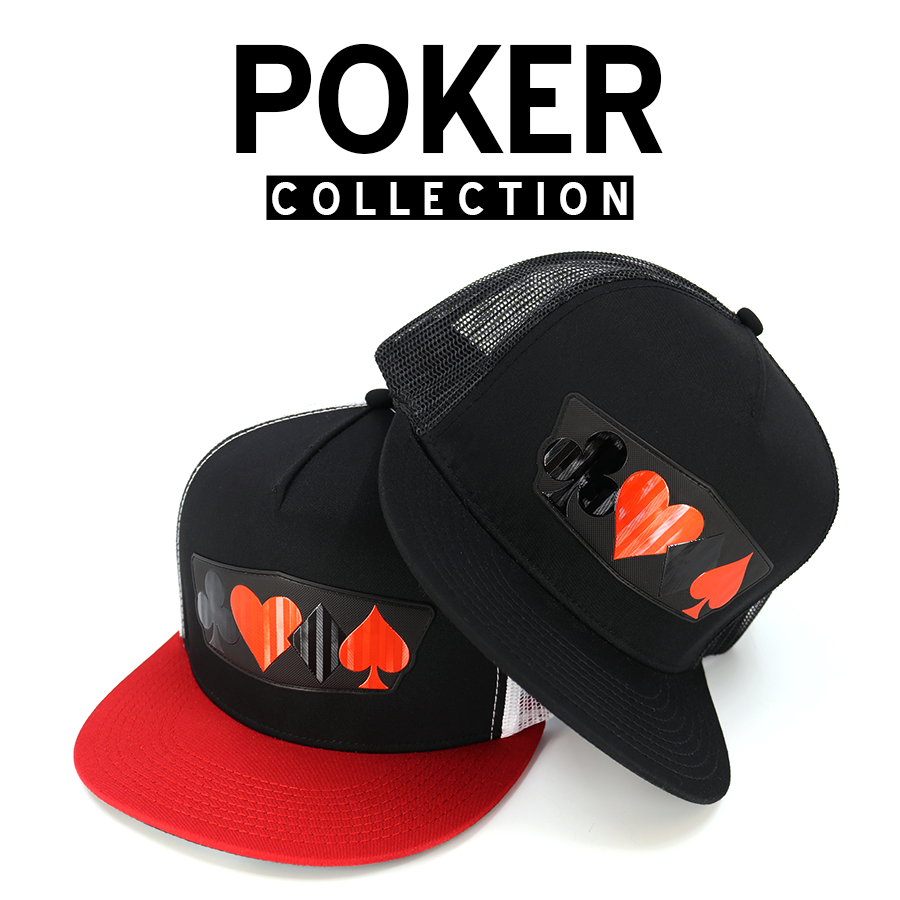 Two black trucker hats with red brims, featuring poker suit patches for a stylish collection.
