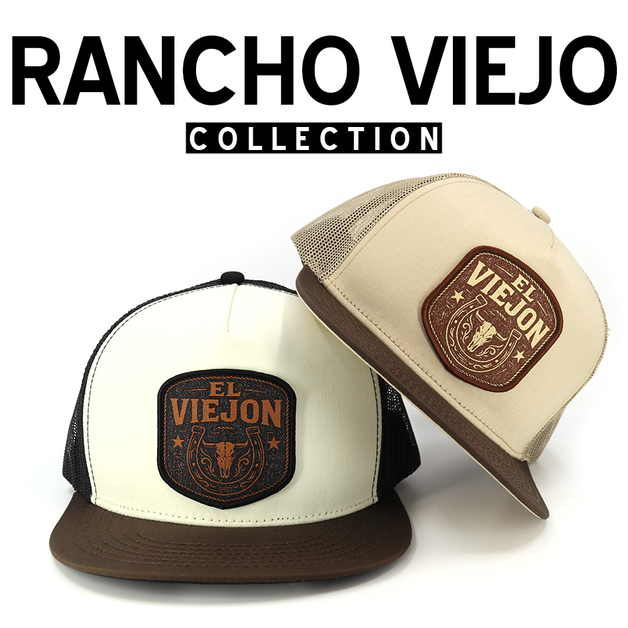 Rancho Viejo Collection: Two trucker hats with "El Viejon" leather patches, one black/cream, one tan/brown.