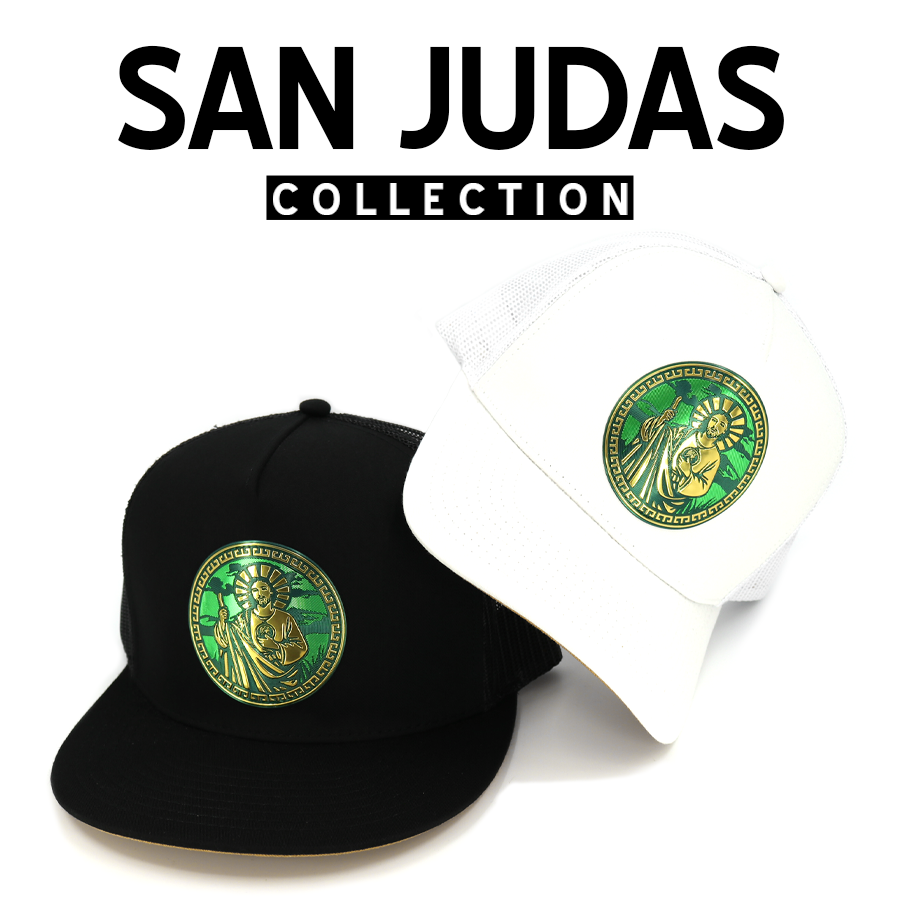 Black and white trucker hats featuring a vibrant green and gold San Judas Tadeo emblem.