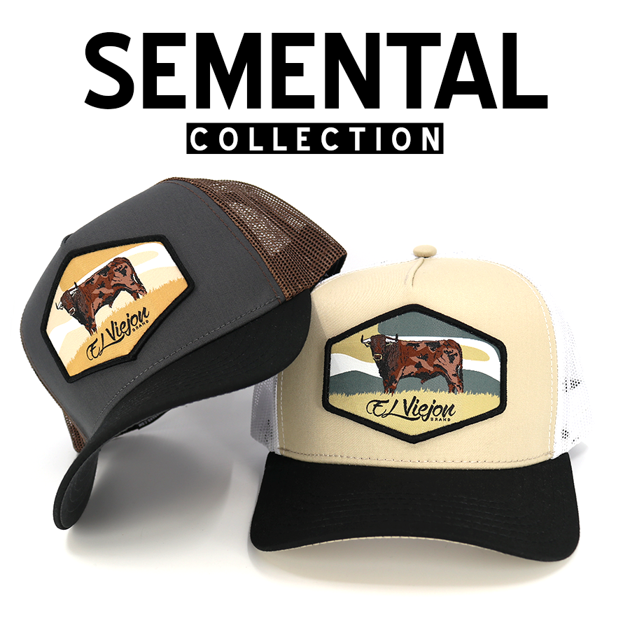 Two trucker hats with bull patches, one gray and brown, the other beige and black.