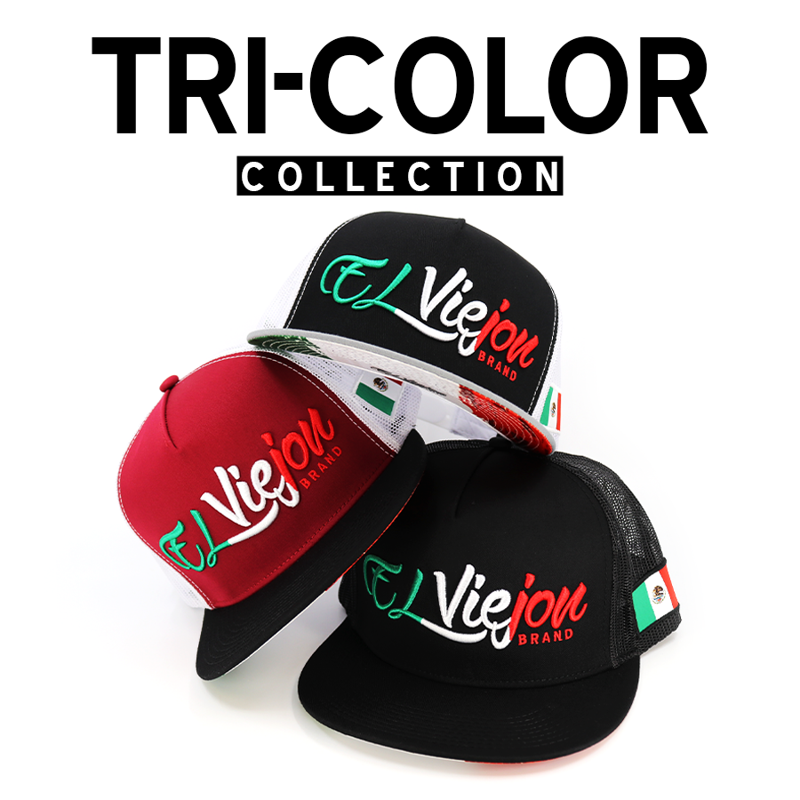 El Viejon Brand Tri-Color Collection: three trucker hats in black, red, and white with Mexican flag accents.