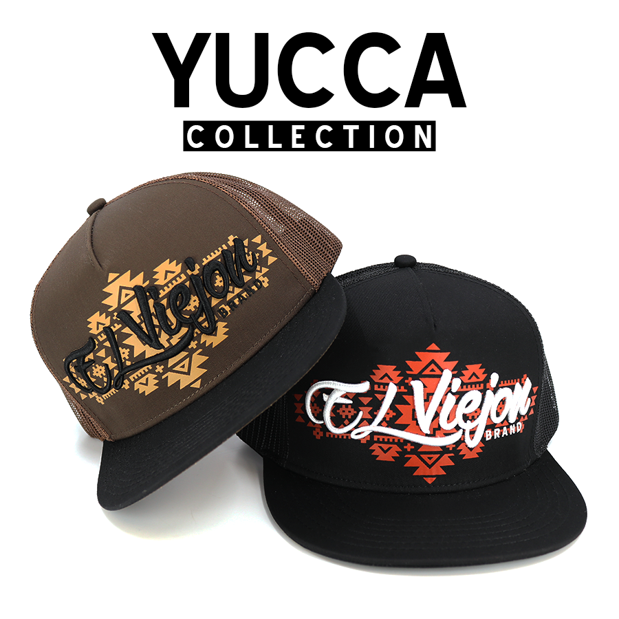 Two "El Viejon" brand trucker hats, one brown and one black, featuring Aztec-inspired patterns.