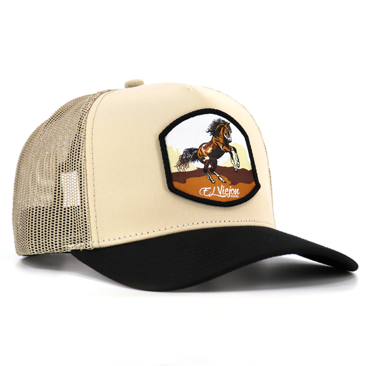 Bailador Black/Khaki AVC hat with tan mesh, black visor, and horse patch.
