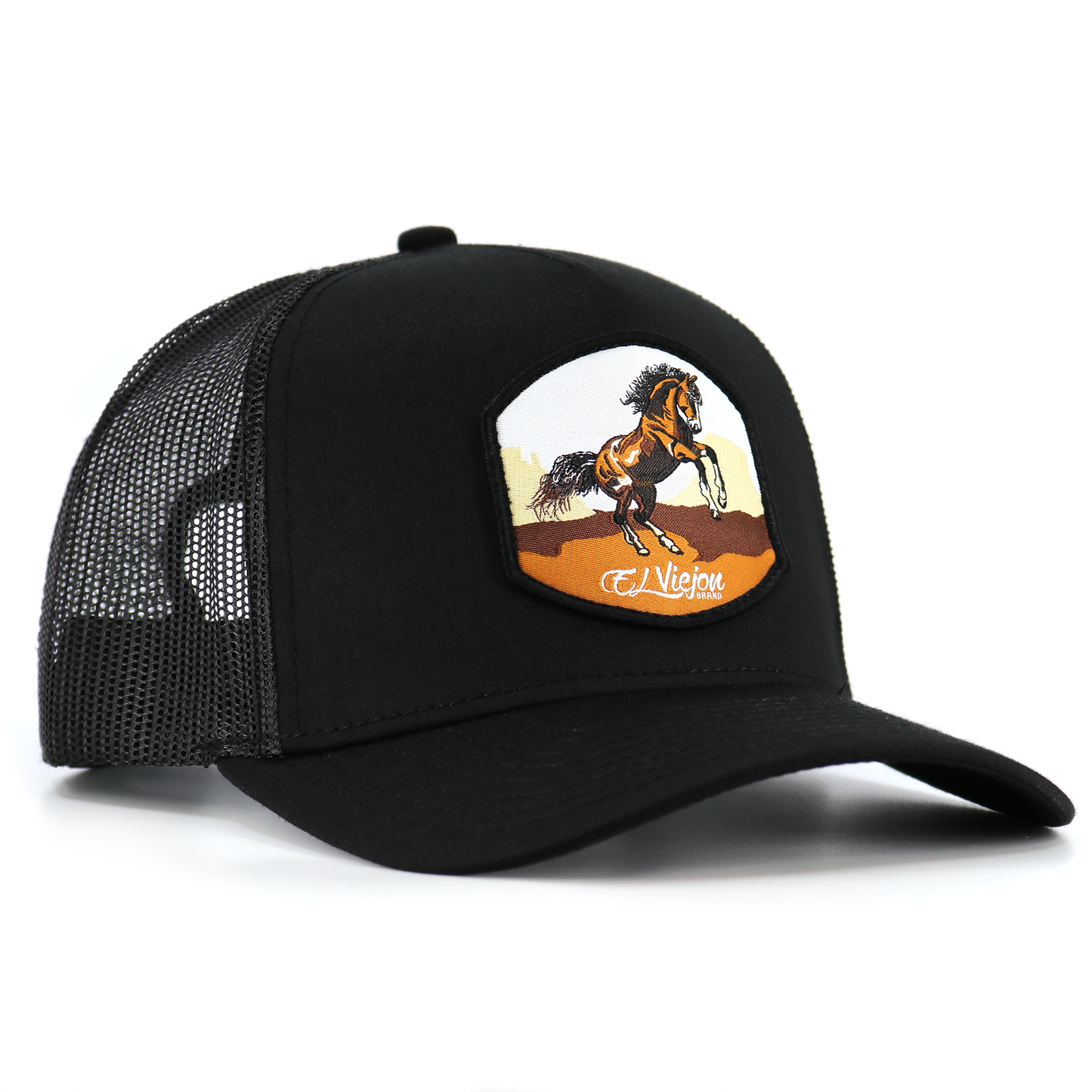 Bailador Black AVC hat with black mesh, pre-curved visor, and a horse patch.