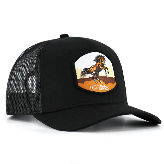 Bailador Black AVC hat with black mesh, pre-curved visor, and a horse patch.