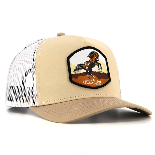 Bailador Khaki/White AVC hat with a rearing horse patch and mesh back.