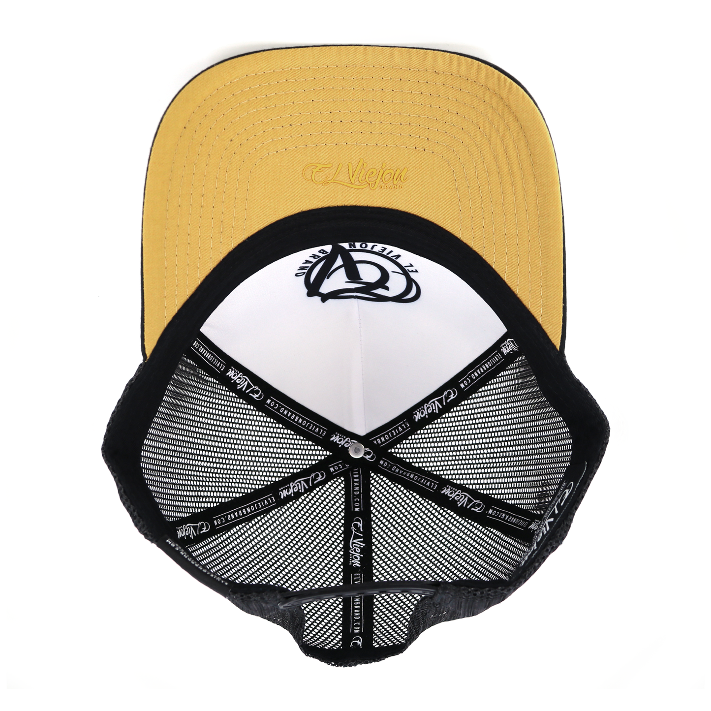 El Cente Black AVC hat, high profile, pre-curved visor, black mesh, adjustable snapback.