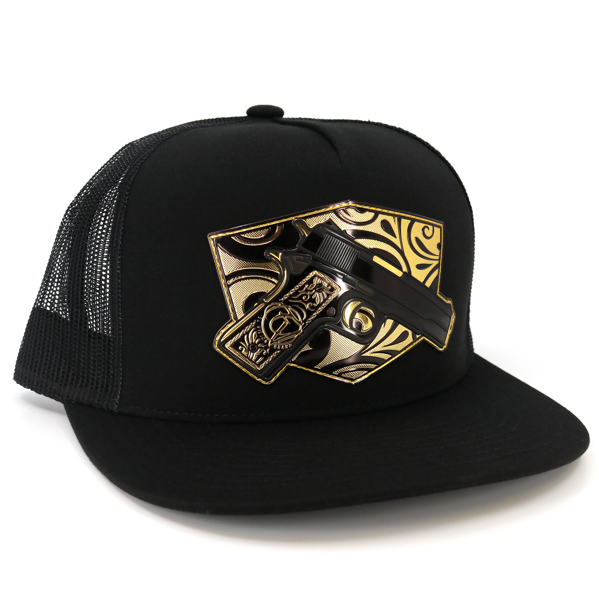 Cachas De Oro Black flat visor trucker hat with gold gun emblem.