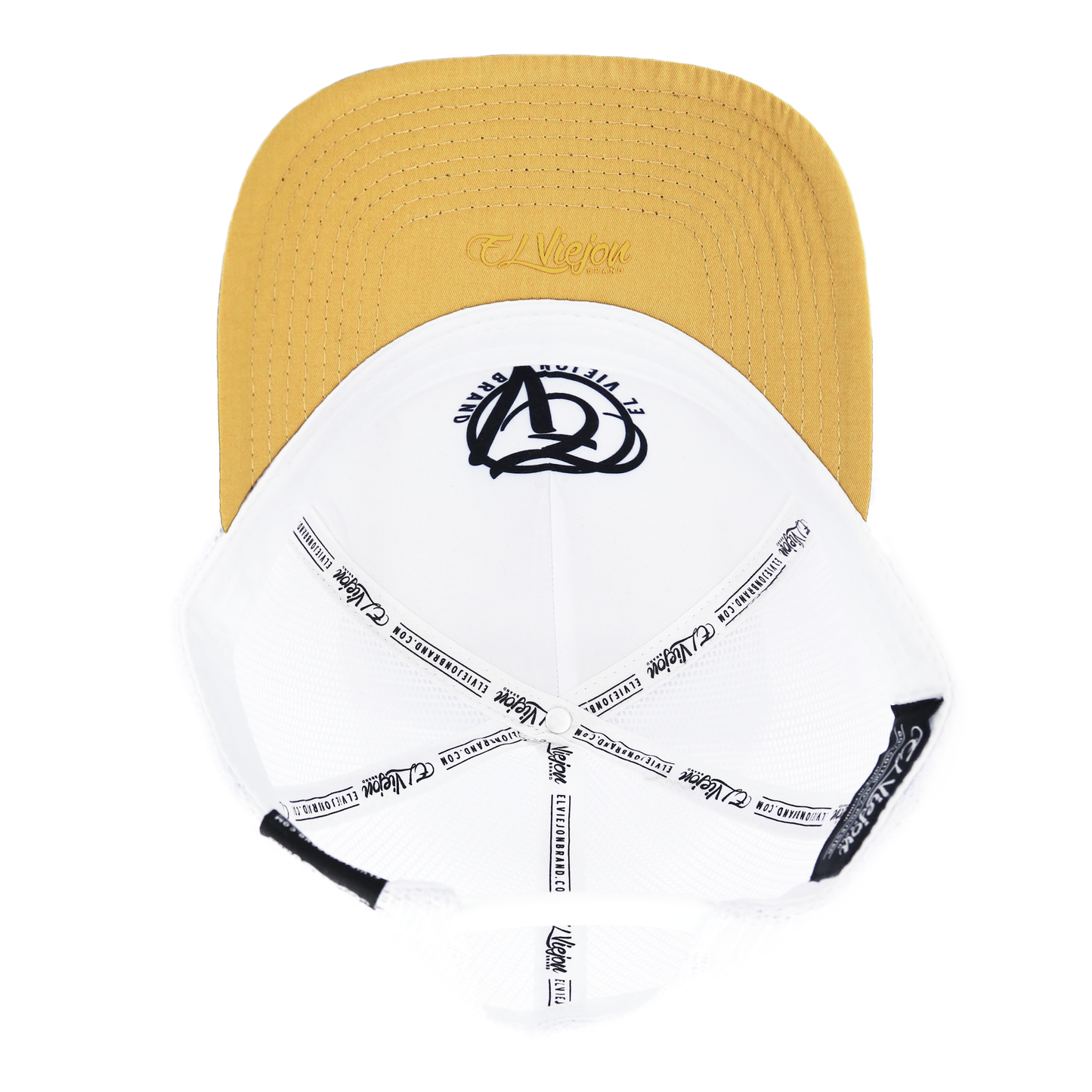 White AVC hat with a gold pre-curved visor, white mesh back, and black "El Viejo" branding.