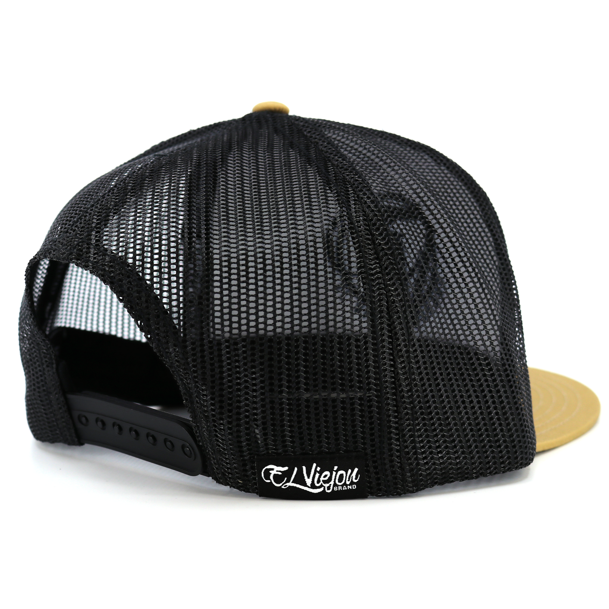 Cabron Y Vago mocha/black flat visor hat with black mesh back and snapback closure.