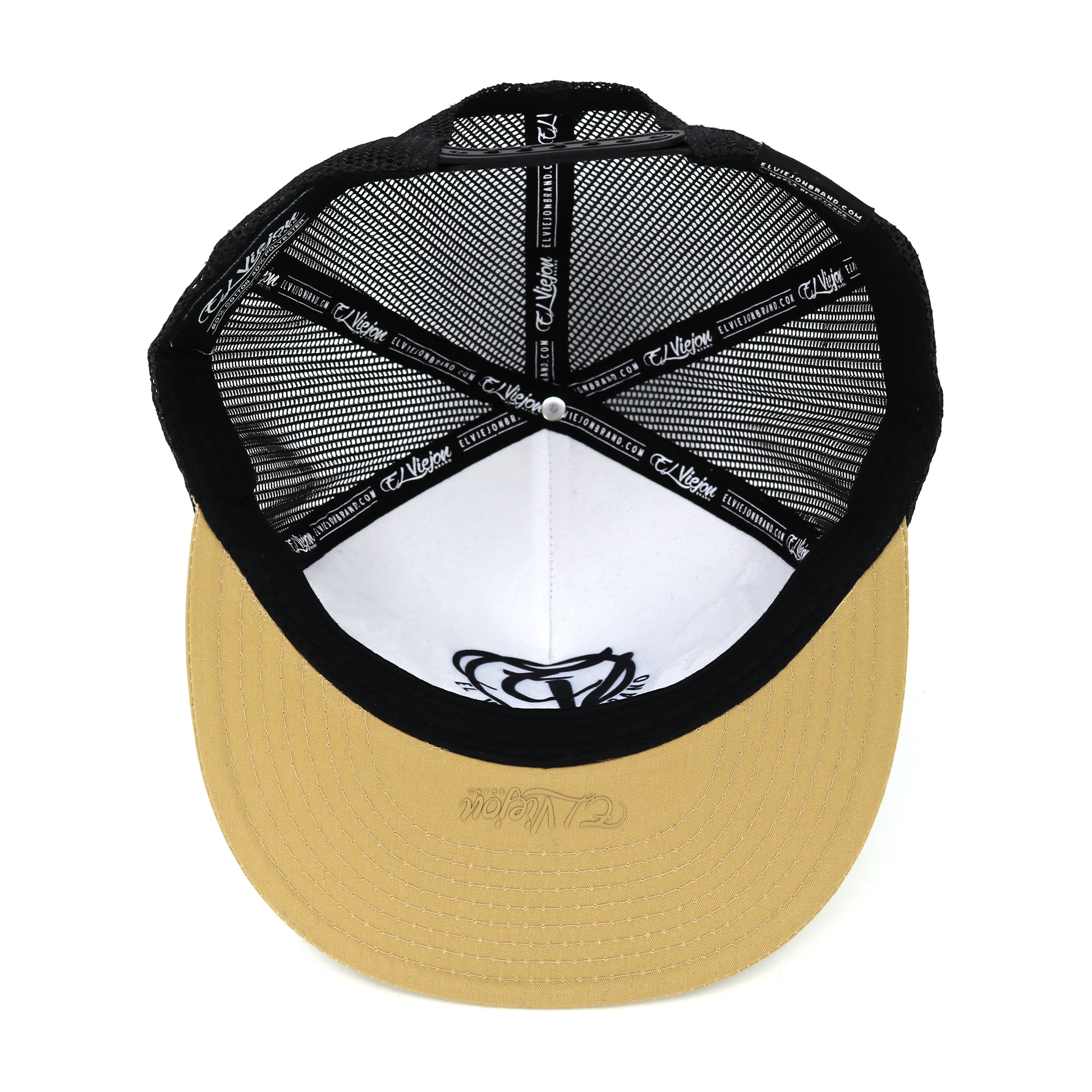 Cabron Y Vago mocha flat visor hat with black mesh back and adjustable snapback.