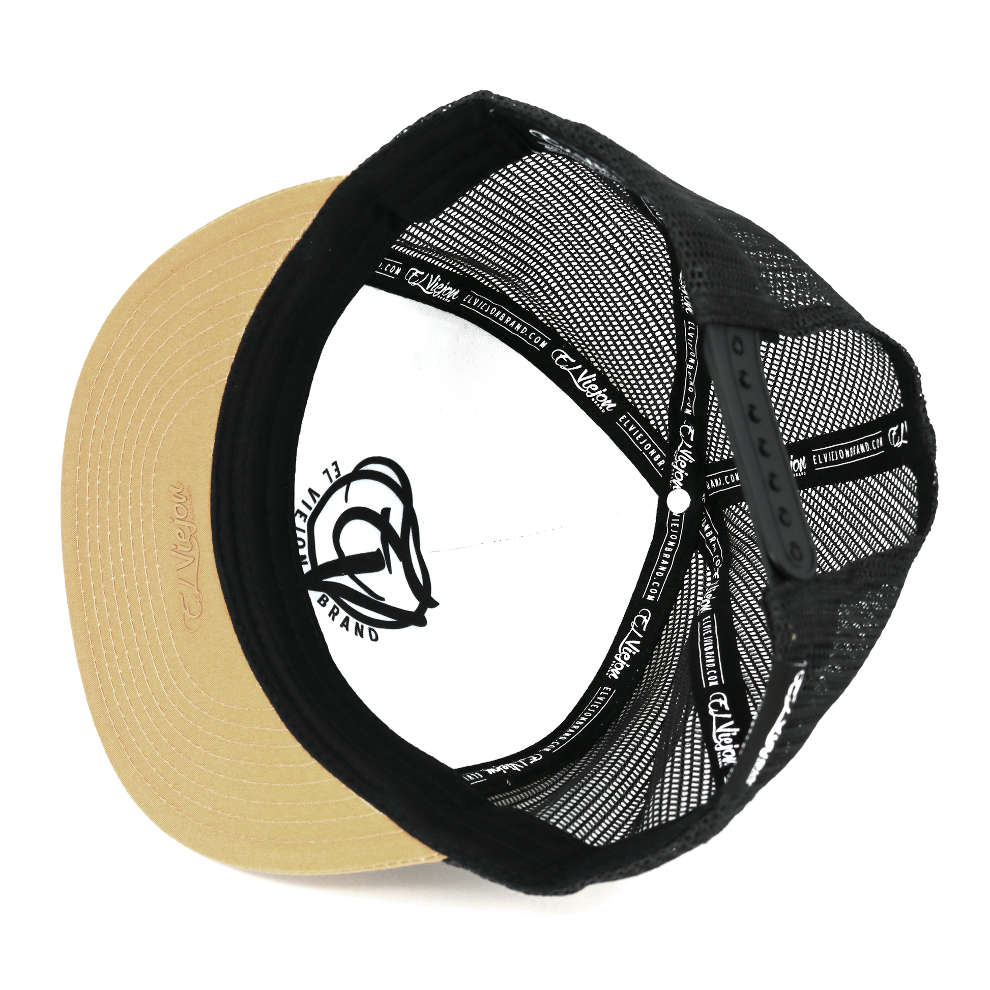 Cabron Y Vago Mocha/Black flat visor hat with black mesh back and adjustable snapback.