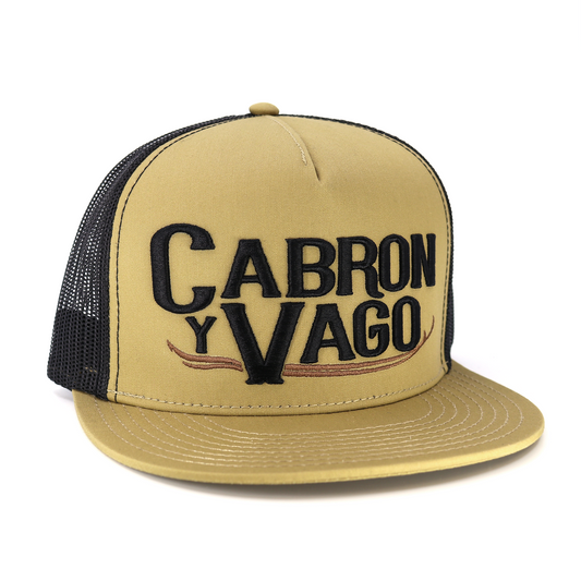 Cabron Y Vago mocha/black flat visor hat with black mesh back and embroidered logo.