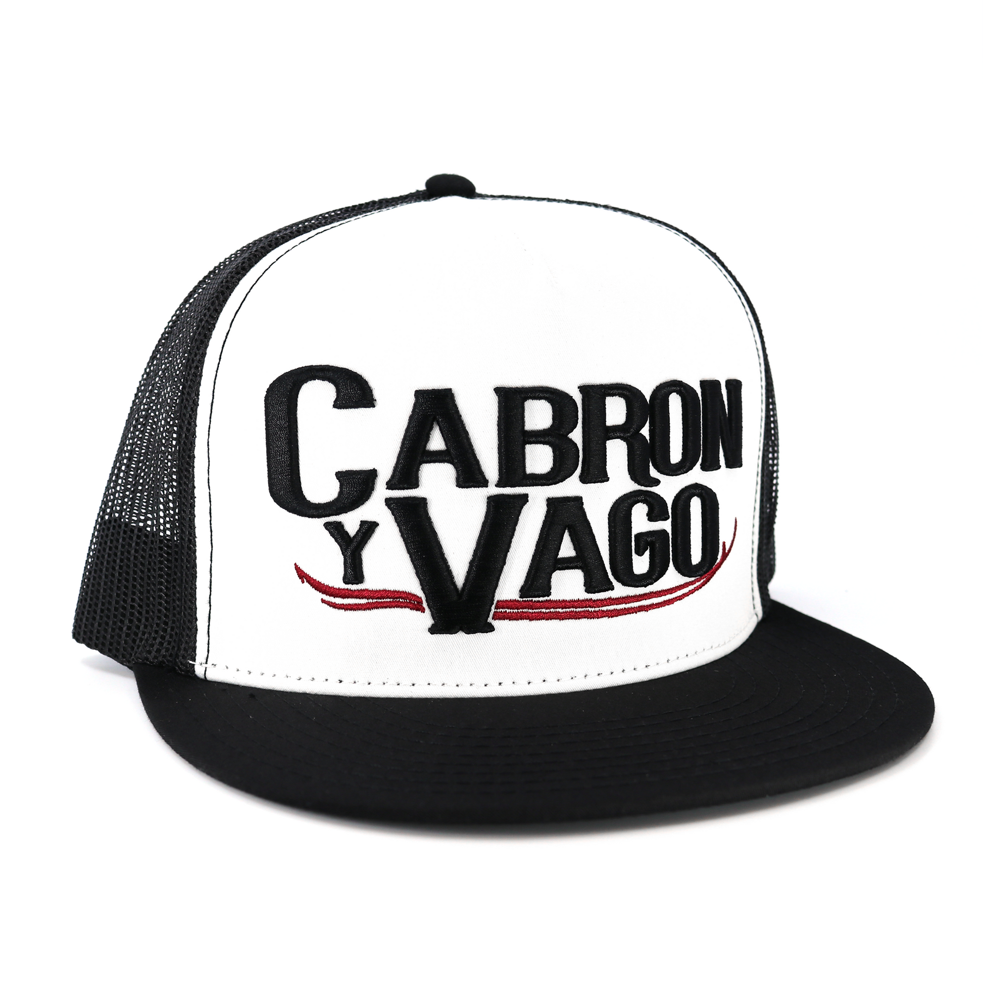 Cabron Y Vago black and white flat visor hat with black mesh back and embroidered logo.