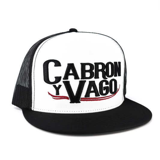 Cabron Y Vago black and white flat visor hat with black mesh back and embroidered logo.