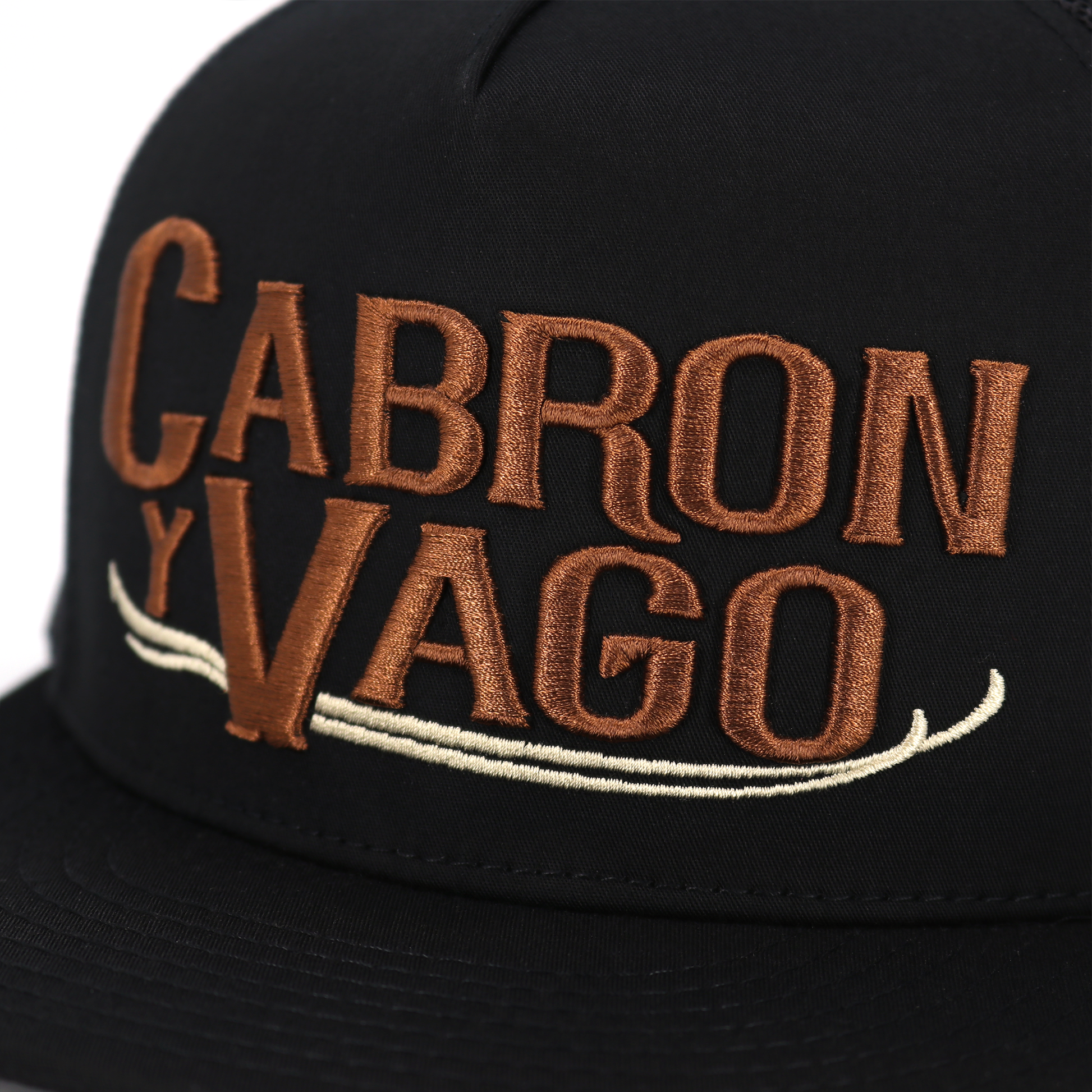 Cabron Y Vago black flat visor hat with brown embroidered logo and white accent.