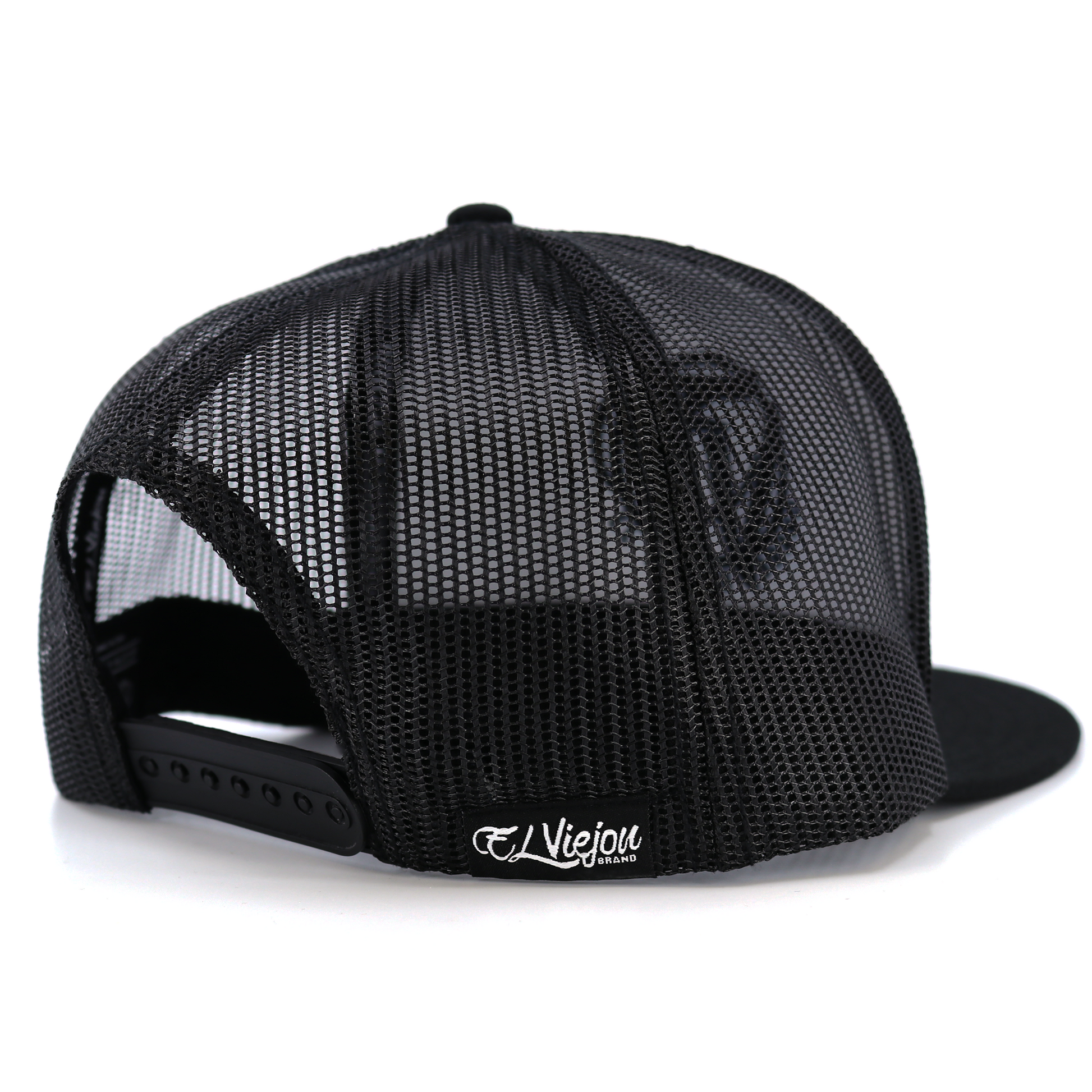 Cabron Y Vago black flat visor hat with black mesh back and adjustable snapback.