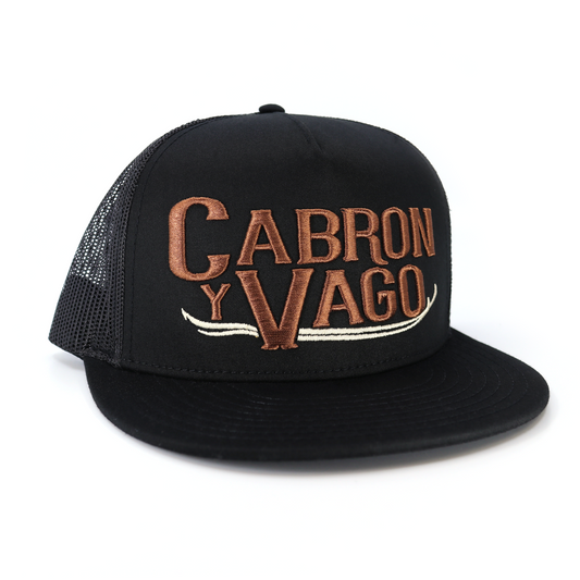 Cabron Y Vago black flat visor hat with brown embroidered logo, black mesh, and snapback.