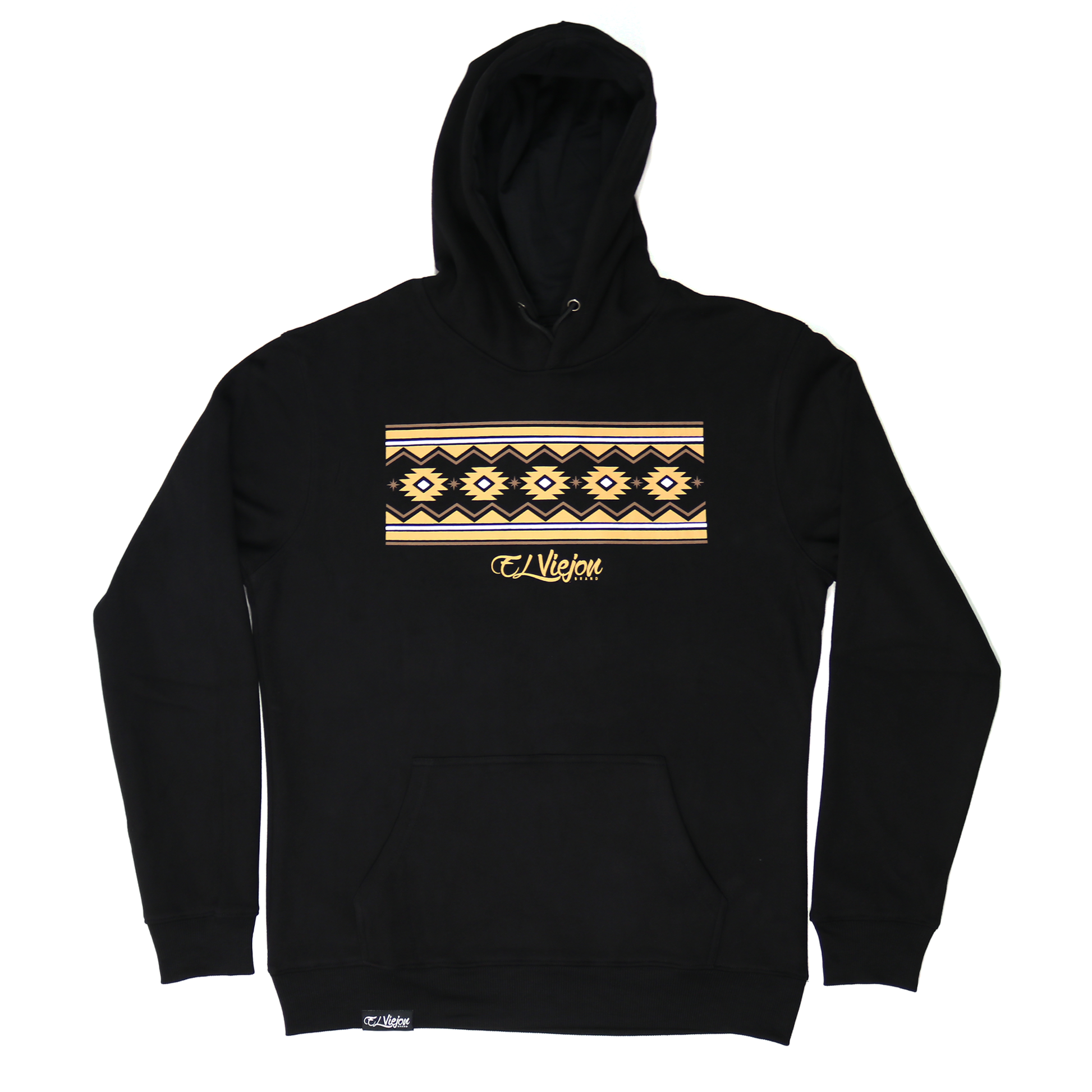Black cotton/poly fleece hoodie with gold and white Cheyenne pattern and "El Viejon" logo.